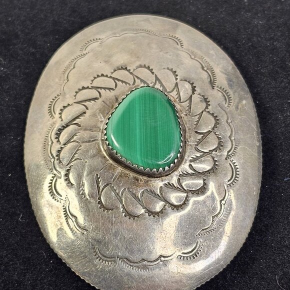 Navajo Malachite Stone Sterling Silver Kerchief Bandana Tie Native American USA - Picture 5 of 11